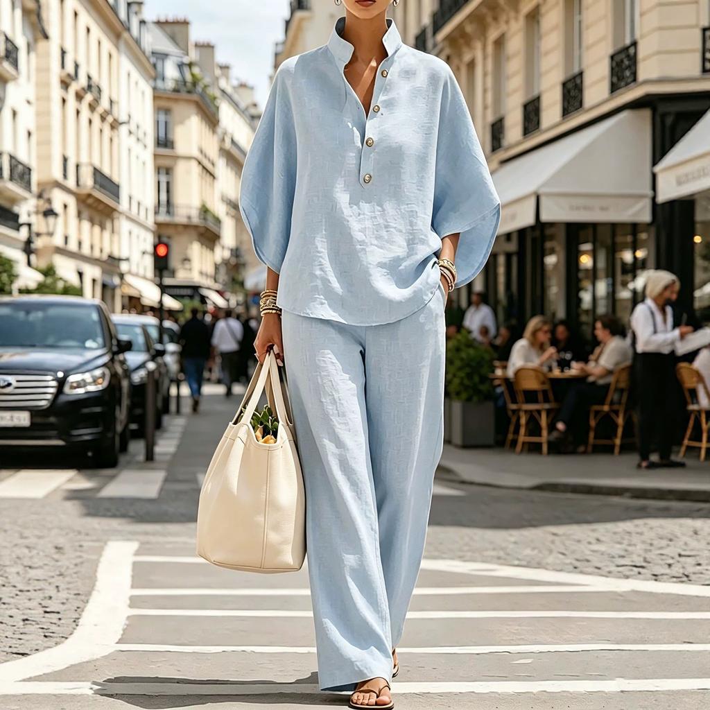 Women's Loose Fit Stand Collar Three Quarter Sleeve Linen Blend Two Piece Pant Set