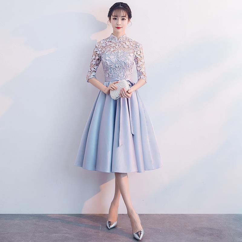 Small evening dress, new dignified and elegant medium and long party party Chinese bridesmaid dress XS