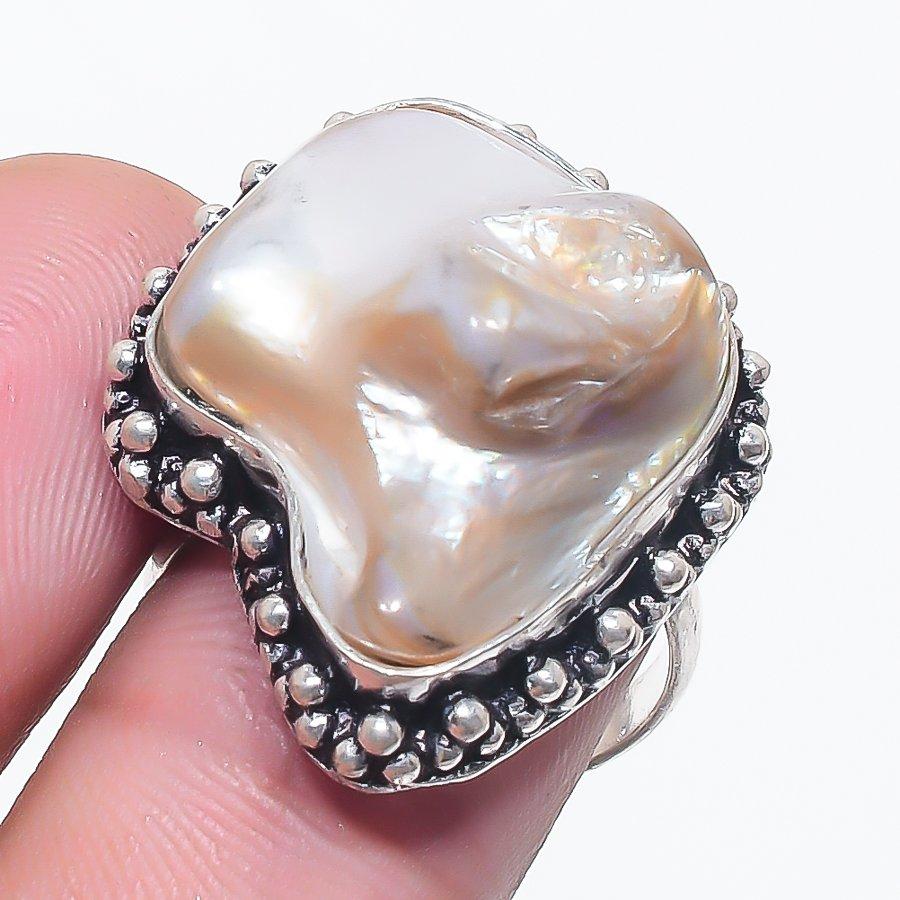 Natural Biwa Pearl Gemstone 925 Sterling Silver Jewelry Ring Size 8 s3Z21