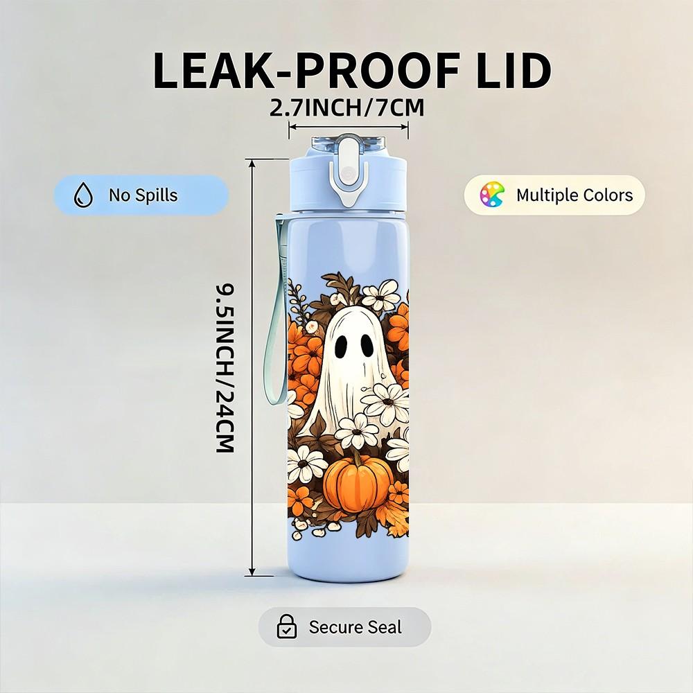 1PC Pumpkin Ghost Autumn Art Print 750ml Color Plastic Sports Water Bottle Leakproof Flip Straw Lid Suitable for Sports Office Home Use