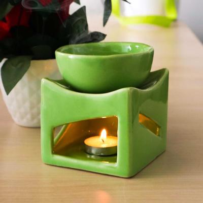Ceramic Clay Candle Operated Aroma Burner Oil Diffuser, Extra Large Bowl, with 1 Tealight, 4.25 Inch, (Green)