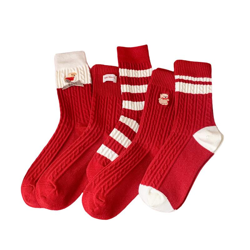 Female Spring and Autumn New Year Benming Year Red Cute Cartoon Tube Stack Socks