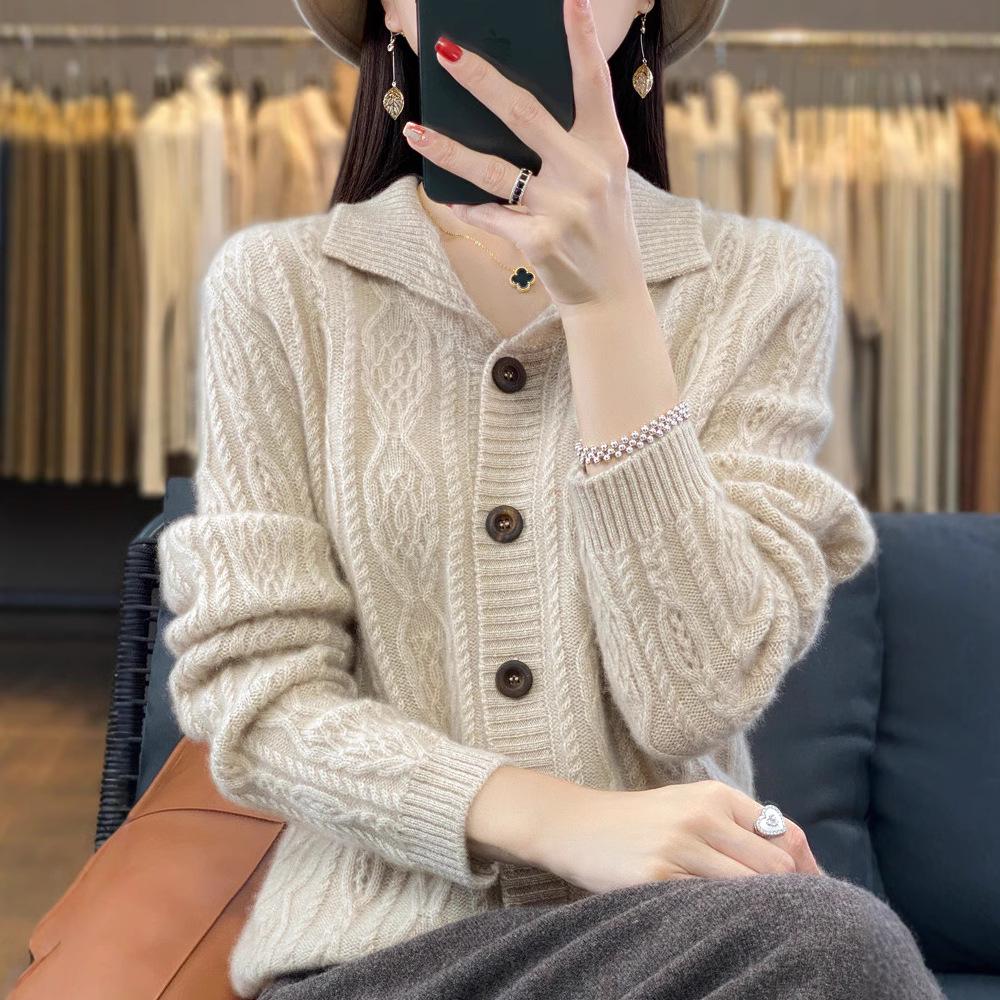 

Mengyi Yanxuan 2024 A/W Turn-Down Collar Jacquard Wool Sweater Women s Long Sleeve Openwork Cardigan. Large