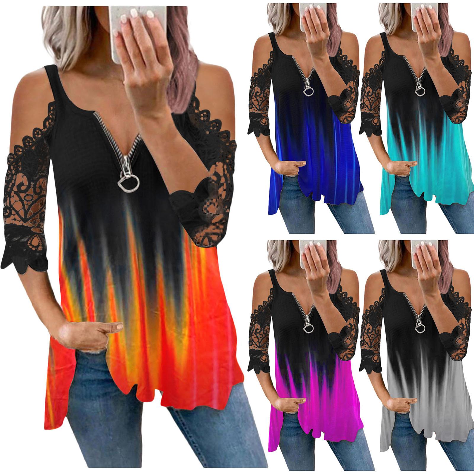 

(Куниде) Женская кружевная футболка с коротким рукавом и застежкой-молнией с персонализированным цифровым принтом