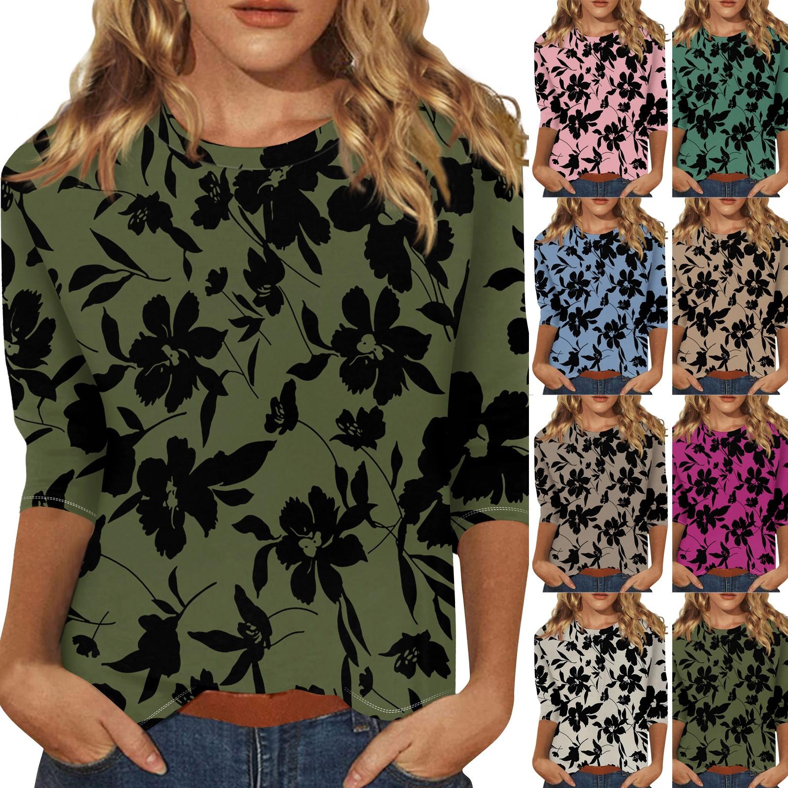 

Women s Casual Loose Printed Round Neck Top With Three Quarter Sleeves T Shirt Top M хакі