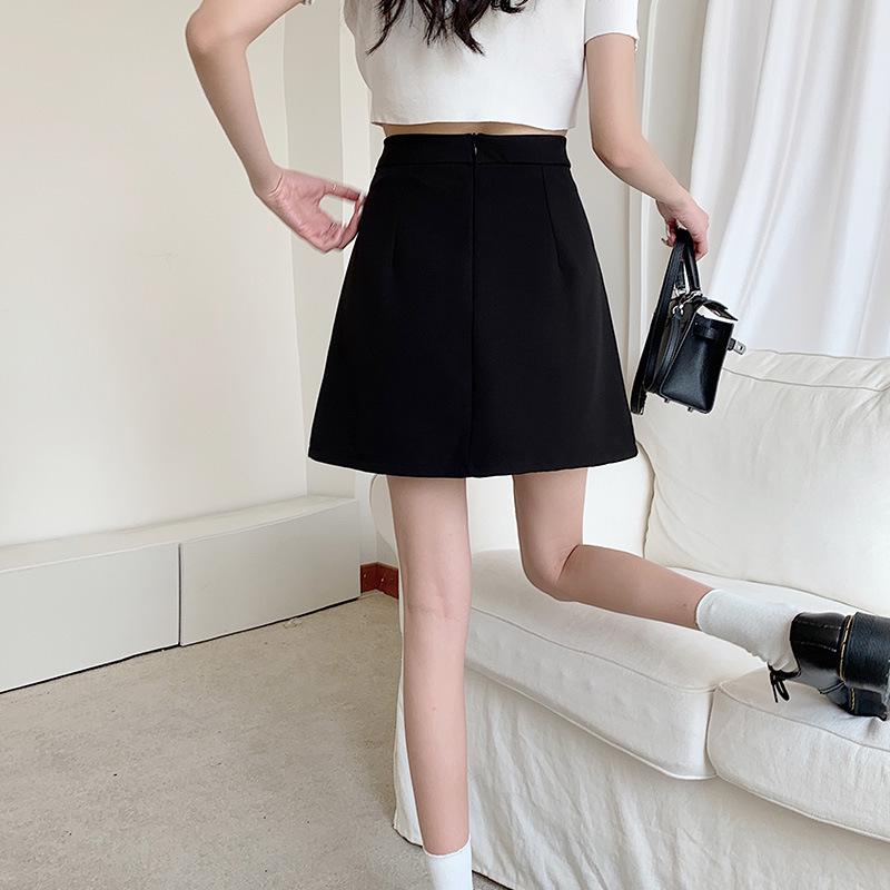 2024 Summer Plus Size High-Waist A-line Skort - Black Midi with Slit