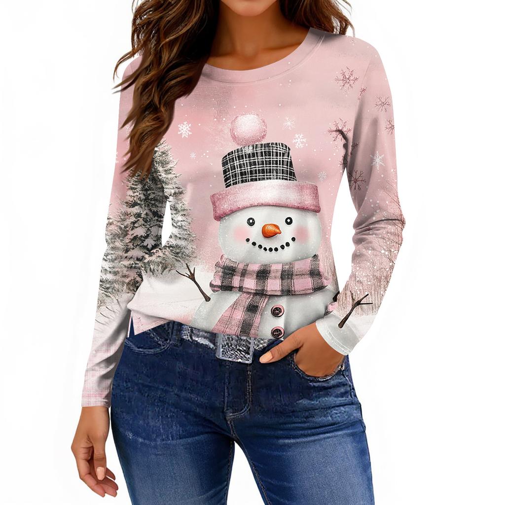 Women's Fashion Casual Slit Hem Round Neck Long Sleeve Loose Printed T-Shirt Ladies Top