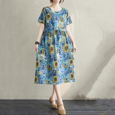 Manga curta plus size algodão vintage floral novo em vestidos para mulheres casual solto longo vestido de verão