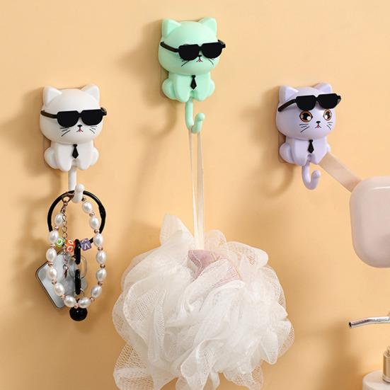 Sunglasses Cat Key Holder for Wall No Drill Adhesive Hook for Keys Hats Coats Towels Cartoon Cat Wall Organizer for Entryway Kitchen Bathroom