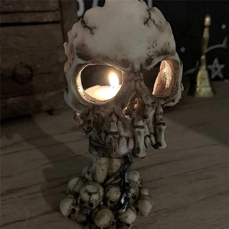 A03F-Spooky Tealight Candle Holder-Resin Candlestick Horror Skull Candle Holders Halloween Decorations