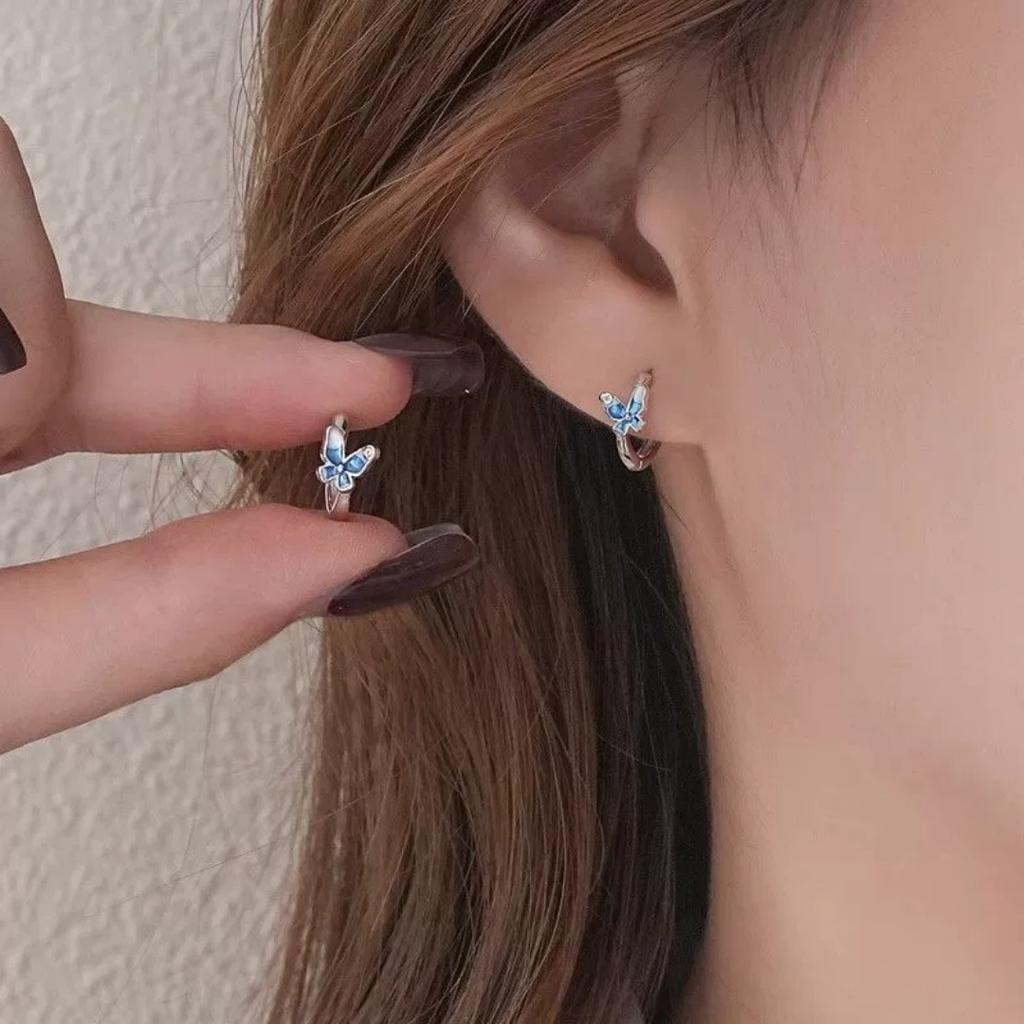 Crystal White Blue Enamel Butterfly Animal Hoop Earrings For Women Vintage Silver Color Wedding Jewelry