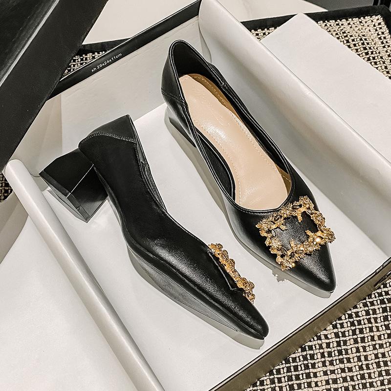 Pointed Single Shoes Women's Summer Models, Shallow Mouth Thick Heels, Fairy Gentle Temperament, Celebrity Soft Leather Large Size