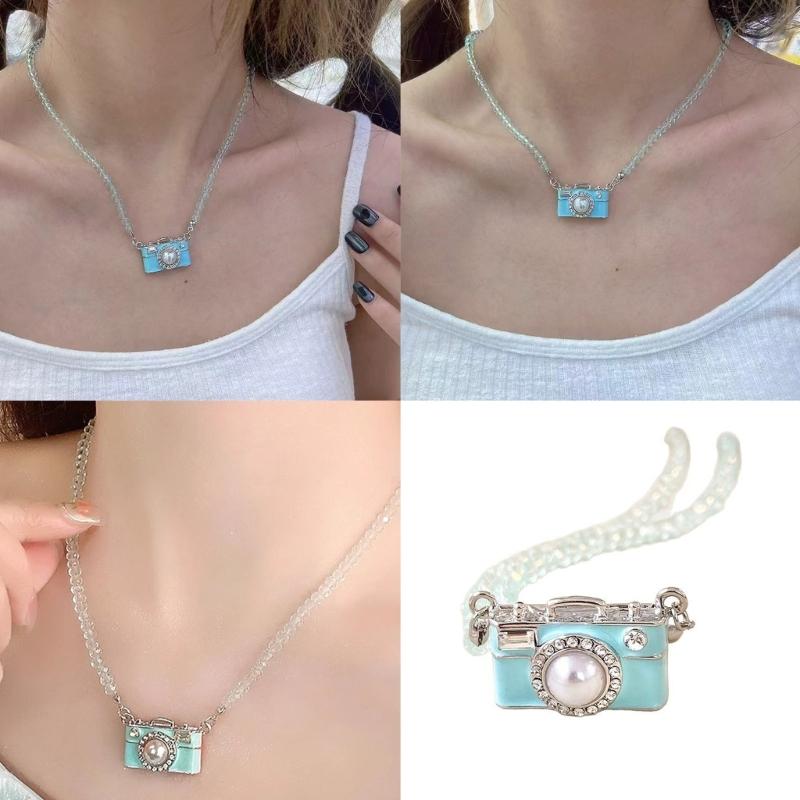 Vintage Camera Pendant Necklace With Crystal Beads 45Cm Adjustable Chain For Women Elegant Collarbone Jewelry Gift