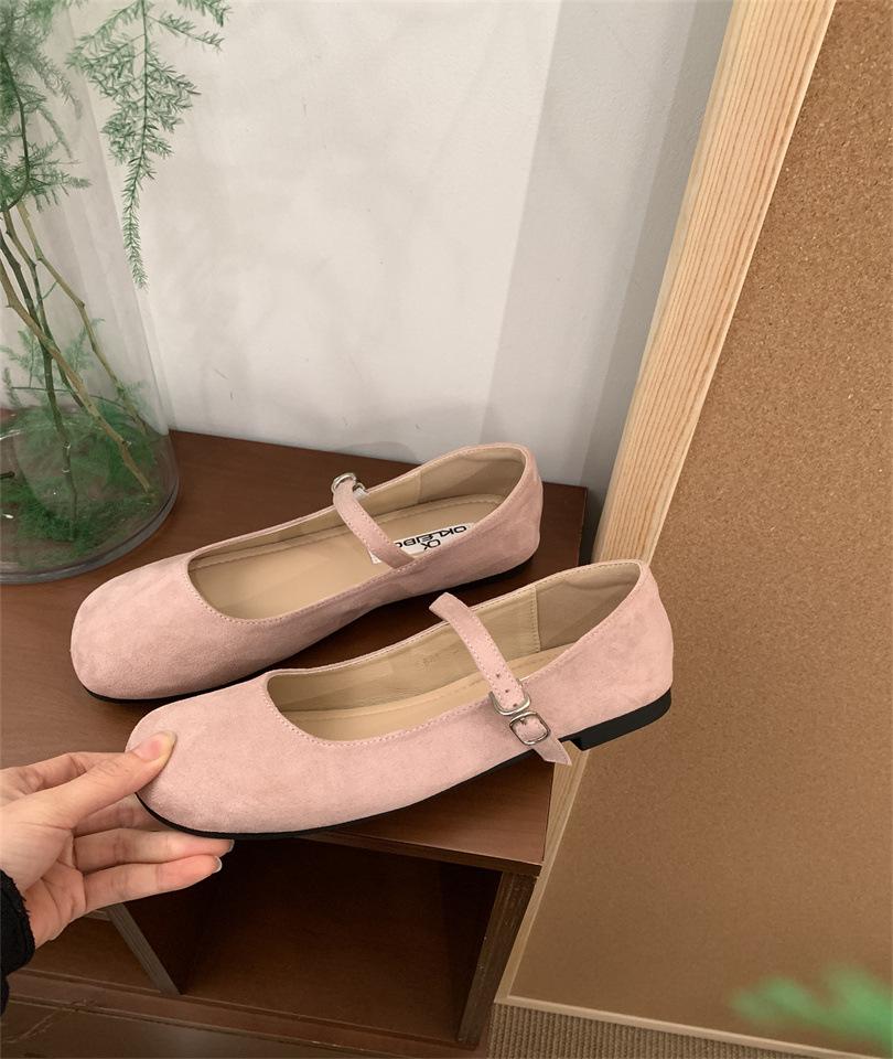 2025 Spring and Summer New Fairy Ballet Shoes Square Head Shallow Mouth Late Evening Wind One-word Buckle Mary Jane Shoes Suede Ladyshoes