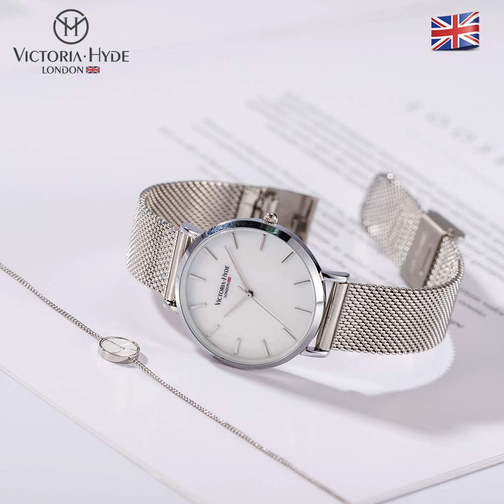 VICTORIA HYDE Uhrenarmband-Set, einfache Quarzuhr, wasserdicht, Edelstahl-Mesh-Band, abnehmbar, modische Uhr, Geschenk für Damen (Grau)