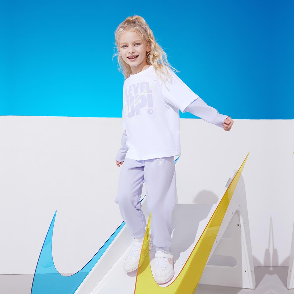 Nike Casual Sports Suit Two-Piece Letter Pullover Long Sleeve Top Comfortable Versatile Pants Kids Sets Purple N32432267GS-004