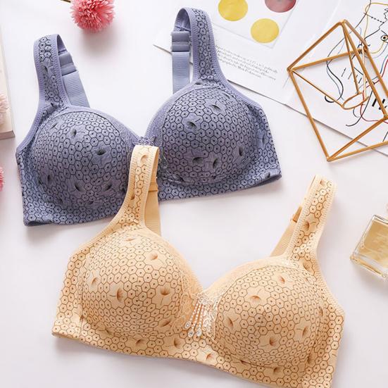 Women Bra Lace Seamless Wide Elastic Strap Solid Color Shockproof Push-up Anti-snagging Mesh Wireless Seamless Yoga Daily Bra