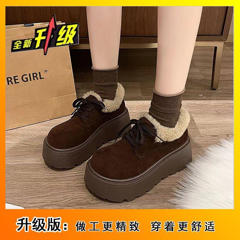 Height Increase and Thin Fluffy Shoes Bag Head Big Head Half Drag Women's Shoes Versatile Muffin Velvet Boken Shoes 2025 Autumn and Winter