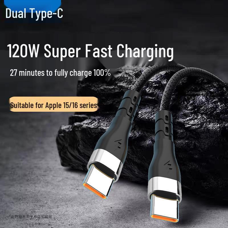 120W Fast Charging Dual Type-C Cable for Apple 15/16, Huawei Phones, Laptops - 6A Compatible.