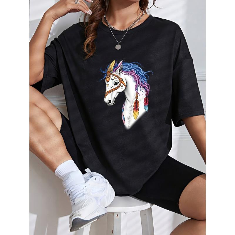 Unicorn T Shirt White Colorful Unicorn With Feather Design For Casual Wear