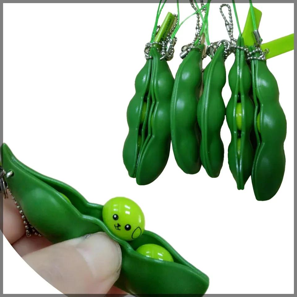 Non-Toxic Fidget Toys Funny Extrusion Soybean Key Chain For Men Pea Bean Keychain Women Bag Phone Charms Trinket Stress Relieve Toys Gift