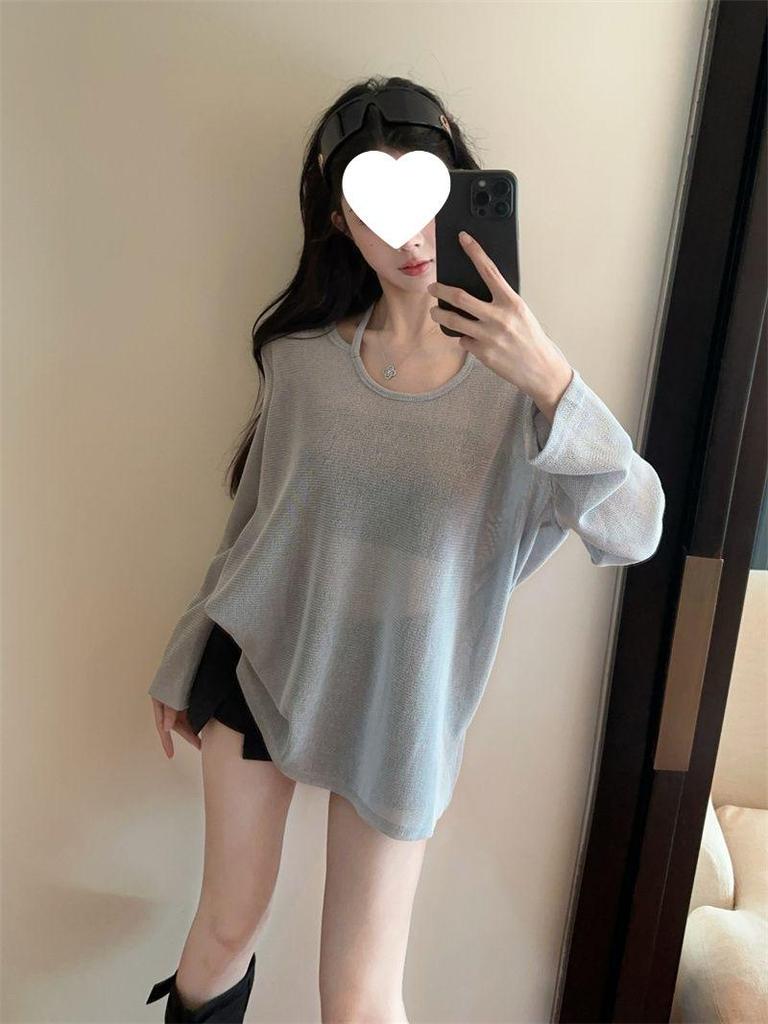 Korean Style Ice Silk Long Sleeve Slit Cover-Up T-Shirt Top for Summer