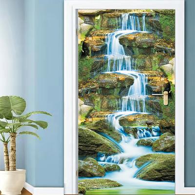 Mountain Waterfall Door Stickers Retro Decorative Sticker Self-adhesive Waterproof Colorful Pattern Wallpaper Mural Apartment Decor