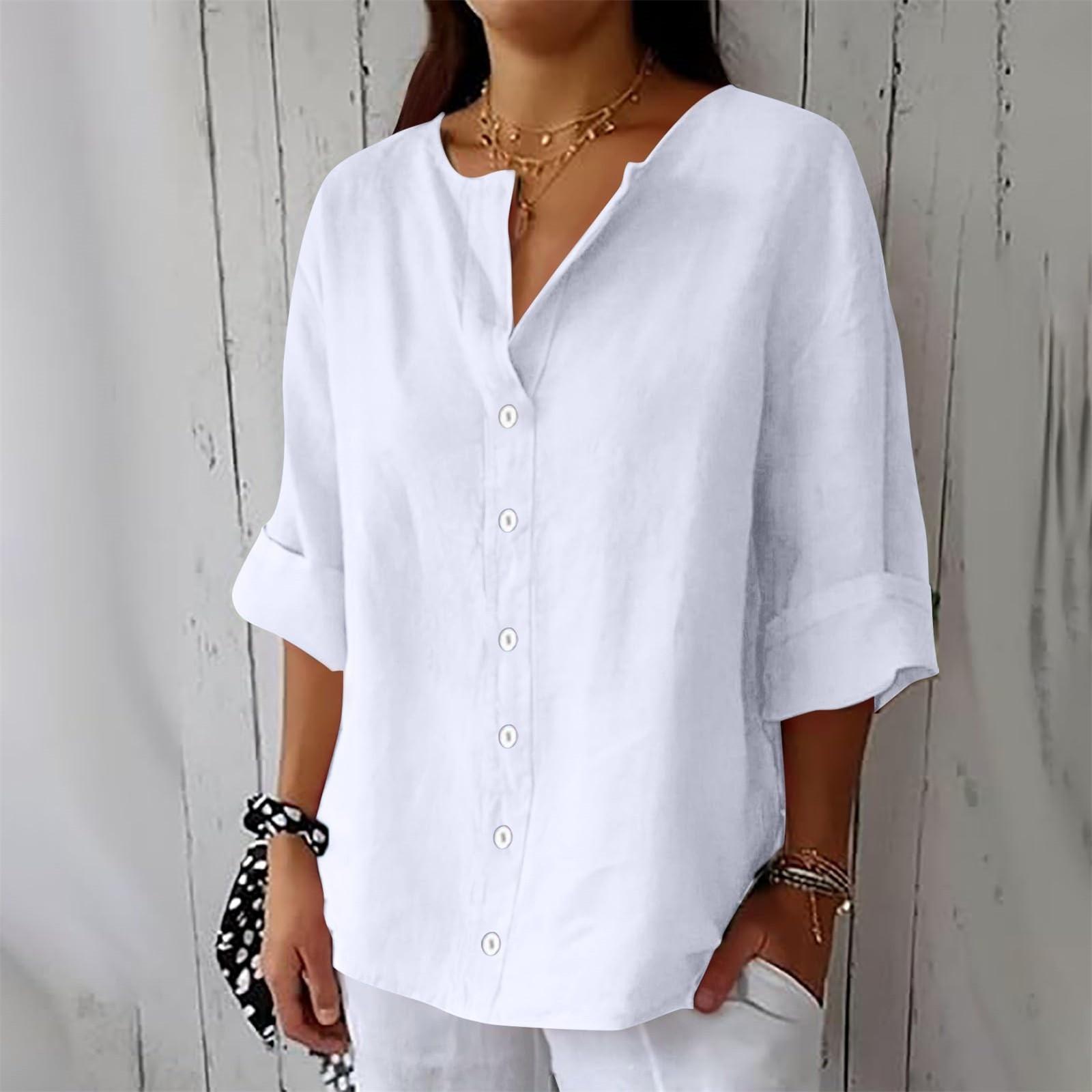 

Женская модная повседневная блузка с V-образным вырезом, на пуговицах, с рукавом семь восьмых, из хлопка и льна XL белый
