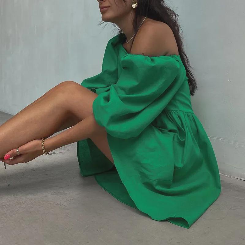 Miniabito a maniche a sbuffo monocolore: Monospalla con Scollo Quadrato e Sette Colori Primavera/Estate