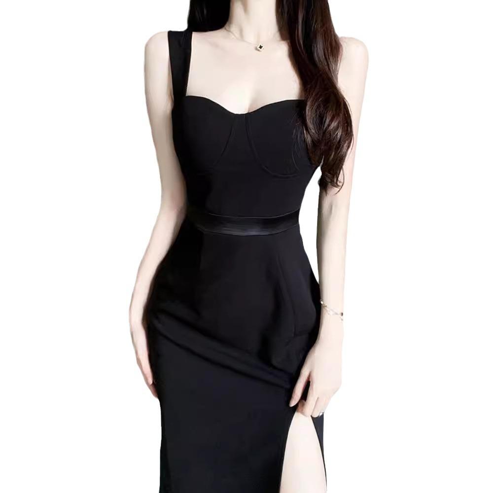 French Evening Dress New High-end Split Suspender Dress Black Hepburn Sexy Little Black Dress KTV