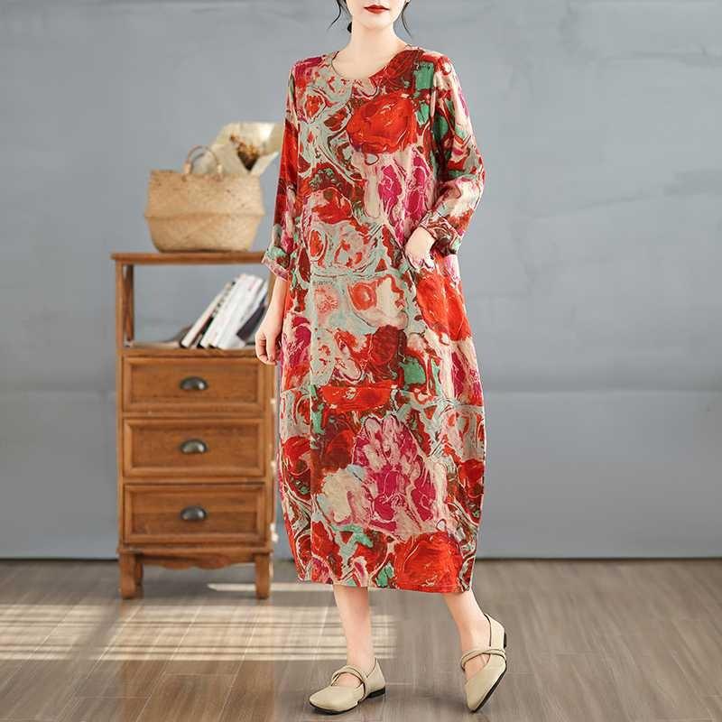 2025 Retro Printed Round Neck Long Sleeve Patchwork Dress Women