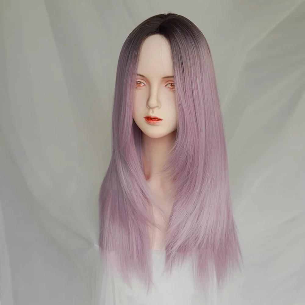Perruque synthétique longue violette mixte avec raie au milieu pour femme, style Lolita, cheveux naturels et duveteux, résistante à la chaleur, idéale pour un usage quotidien ou une soirée.