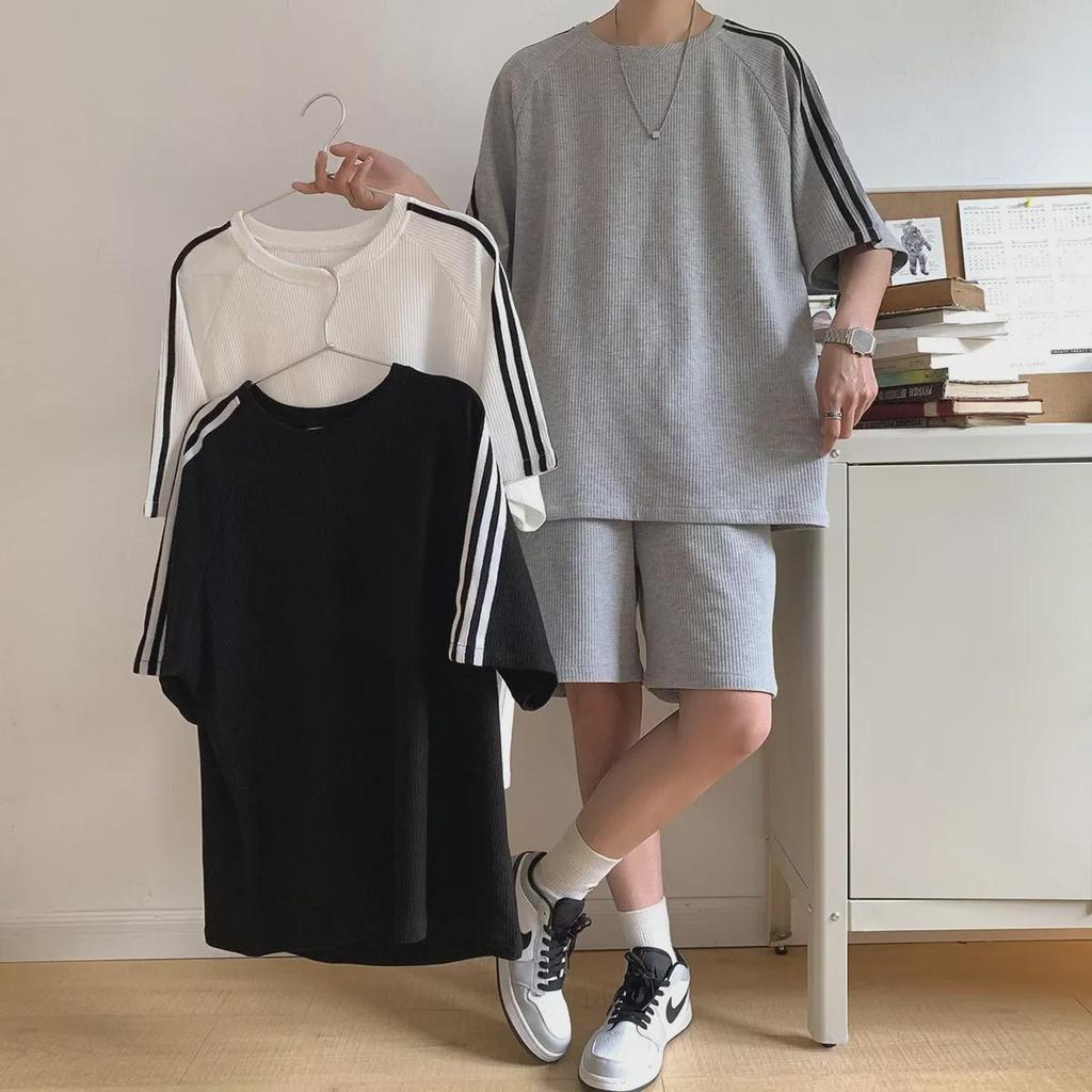 Hong Kong Style Summer Couple's Striped T-Shirt Set - Unisex, Short Sleeve, Large Size