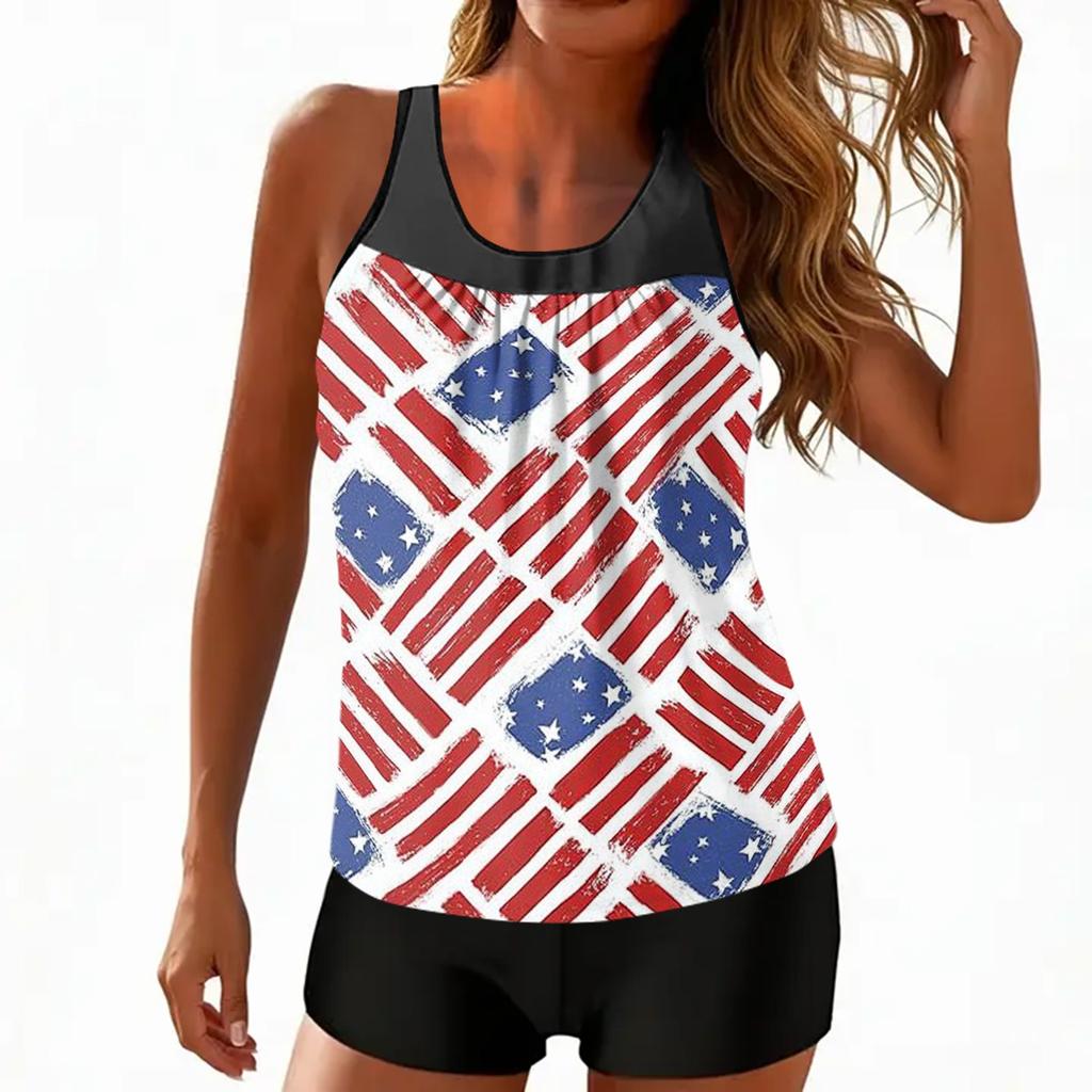 Women’s Sleeveless Tankini Top and Shorts Set Star Print Swimwear Two Piece Swimsuit Athletic Bathing Suit for Summer Beach Pool