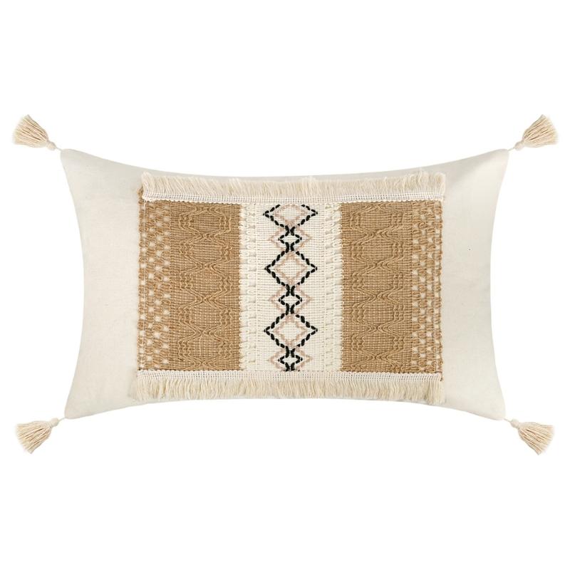 Tassels Throw Pillow Cover with Geometric Woven Texture, Neutral Farmhouse Cushion Cover for Living Room Bed Accent Decors