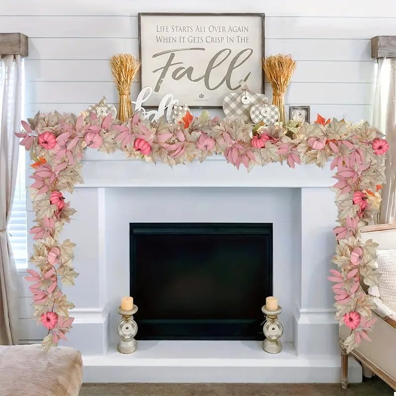 Fall Maple Leaves Garland Hanging Artificial Autumn Garland with Pink Pumpkins Flowers Berries For Halloween Thanksgiving Decor