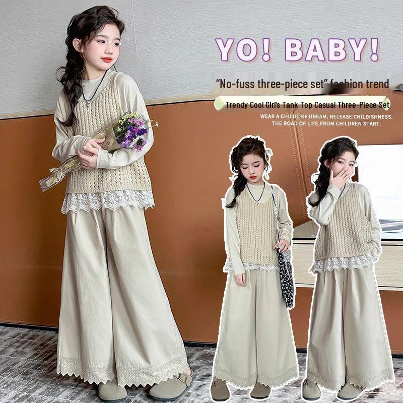 

Mori Style Girls Three-Piece Set: Knitted Vest, Lace Top, Wide-Leg Pants - Korean Design for Autumn/Spring 2025 Size 140