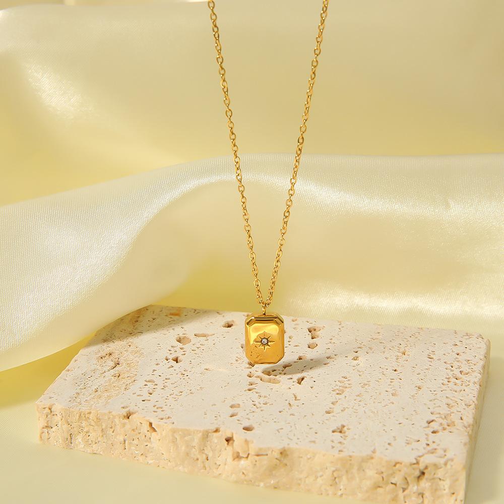 Simple Stainless Steel Geometric Square Pendant Women Necklace Retro Zircon Star Necklace Trendy Jewelry Accessories