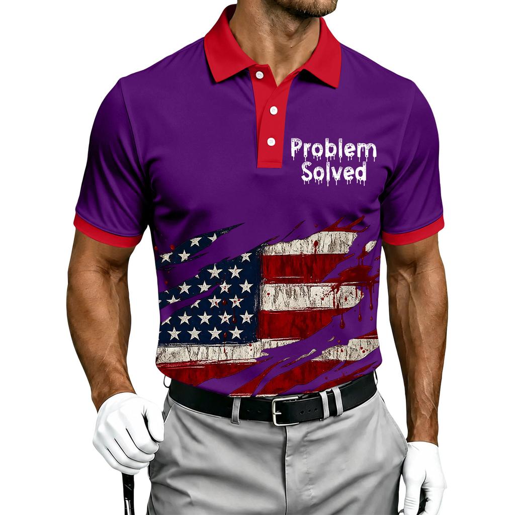 Men's Short Sleeve Polo Shirt Halloween Flag Print Casual Button Down Collar Top Lightweight Breathable Fabric Summer Wear