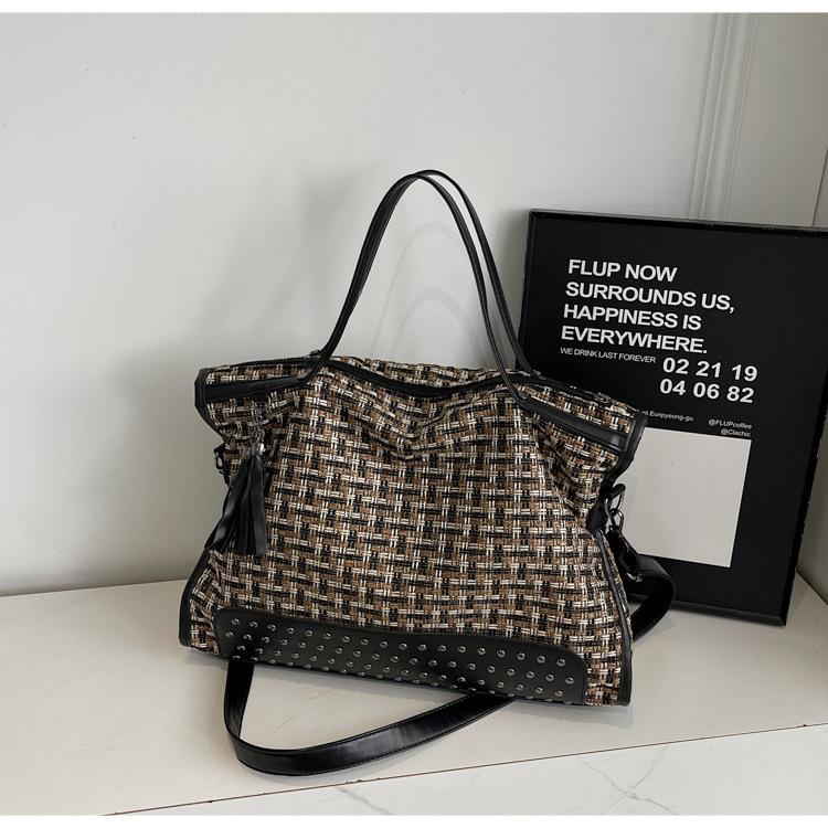 Woolen Plaid Hand-held Big Bag Women's 2025 New Fashion Large-capacity Tote Bag Retro Shoulder Messenger Bag Tide