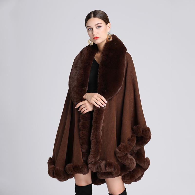 Women's Imitation Rex Rabbit Fur Collar Shawl Cape - Large Size, Knitted Loose Fit Cardigan for Autumn and Winter