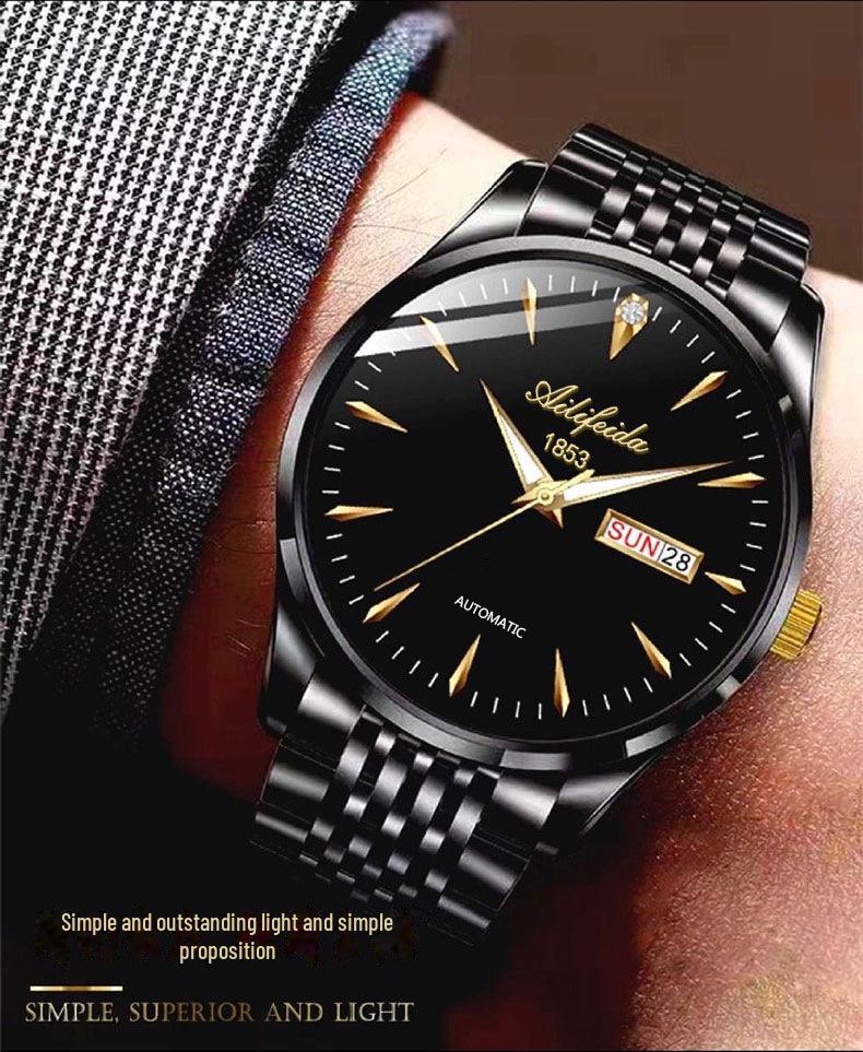 Aili Feida Men's Quartz Waterproof Watch with Hollow Back and Calendar Feature.