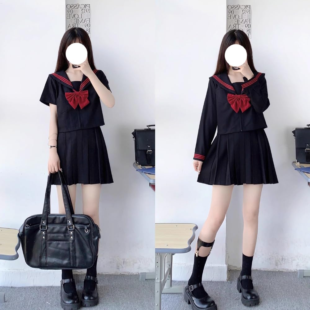 GSYCL Sailor Long Short Red Set for High School JK Top and Bottom Halloween School Plus Cute Sleeve Uniform, Black, Sleeve, Sleeve, Bow, 3-Piece