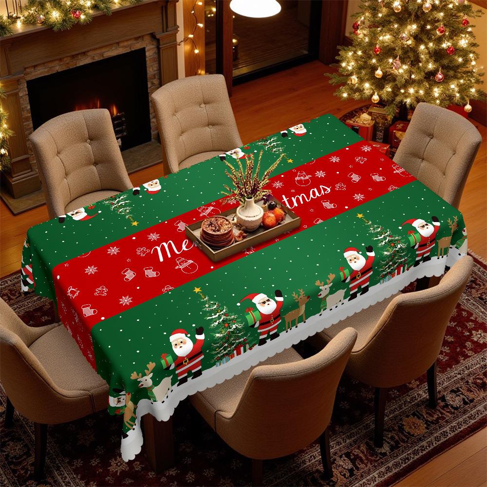 Christmas Tablecloth, Santa Claus Elk Snowman, Red And Green Contrasting Colors, Waterproof And Oil-Proof, Atmospheric Layout