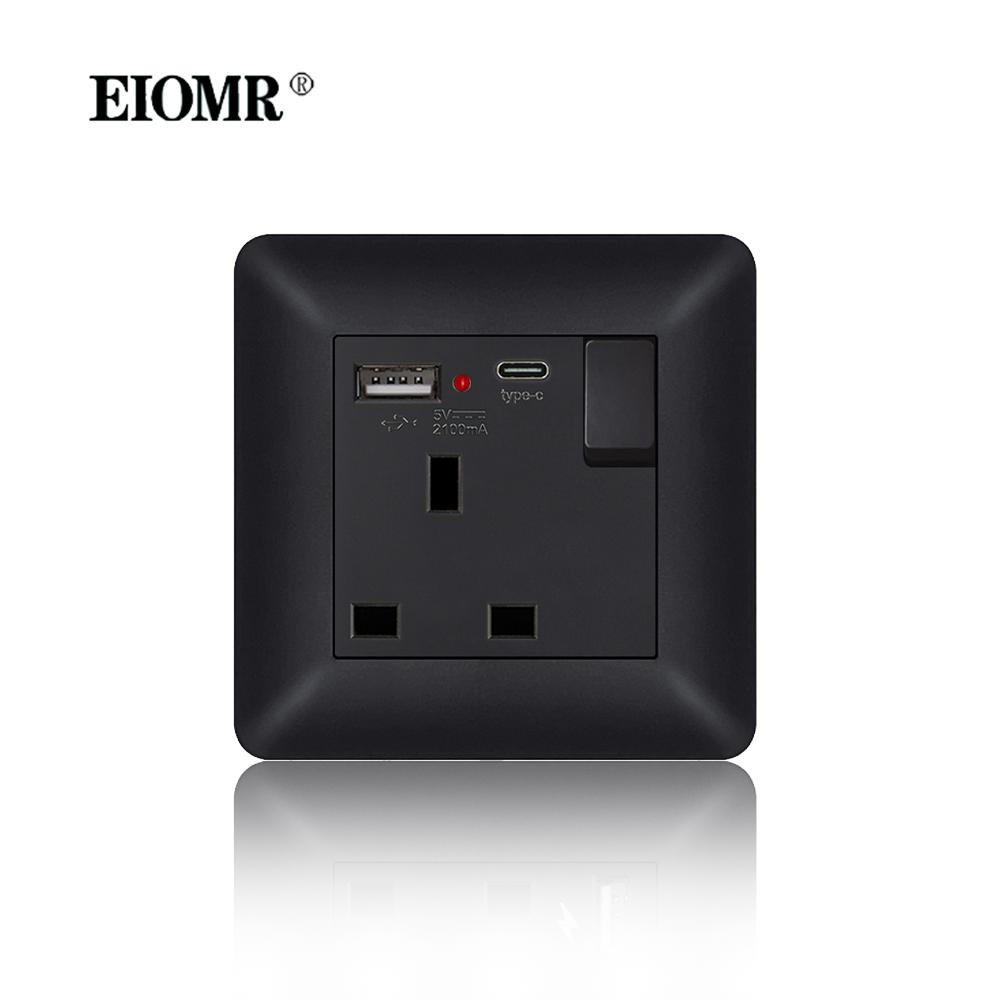 EIOMR 13A UK Standard Plug Power Wall Socket and Switch 250V, with USB Type-C Charger Port 5V 2.1A, Black PC Curved Frame Panel