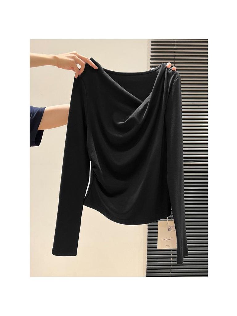 Women's Pink Asymmetrical Off-Shoulder Long-Sleeve T-Shirt - 2025 Autumn Slim-Fit