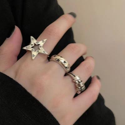 Bague ouverte en alliage avec étoile pentagramme gothique vintage pour femmes et hommes, bijoux punk couleur argent, bague réglable
