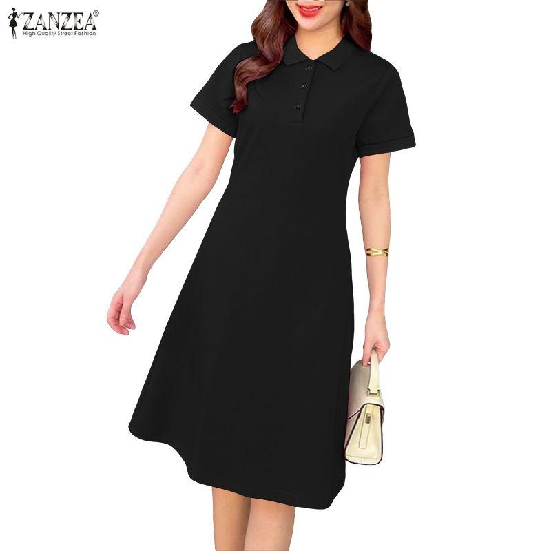 ZANZEA Women Casual Turn Down Collar Summer Short Sleeve Polo Dress