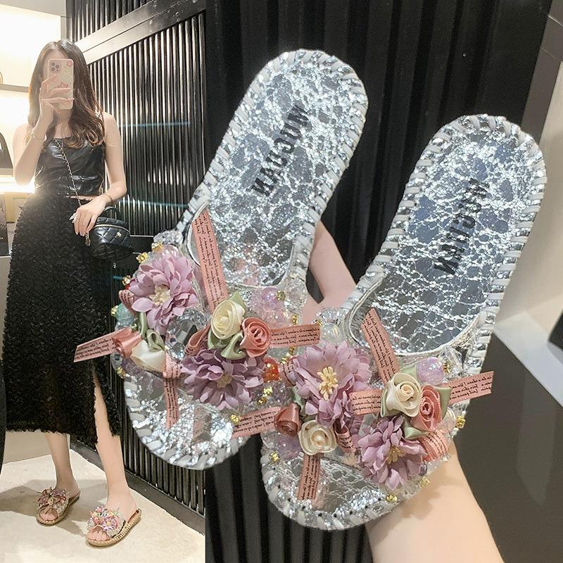 Summer Hot-selling Gypsy Rhinestone Cool Slippers Four-season One-word Cool Slippers Women's Flash Large-size Slippers Women