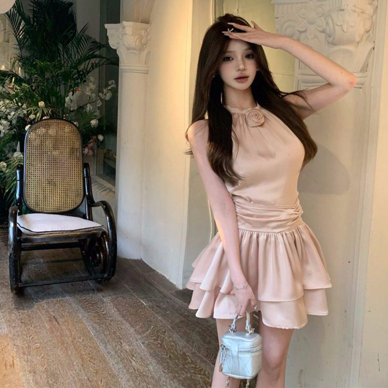 Elegant French Acetate Satin Halter Dress: Layered, Fluffy, Sleeveless Design for Birthdays
